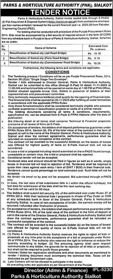 Parks & Horticulture Authority Sialkot Tender Notice